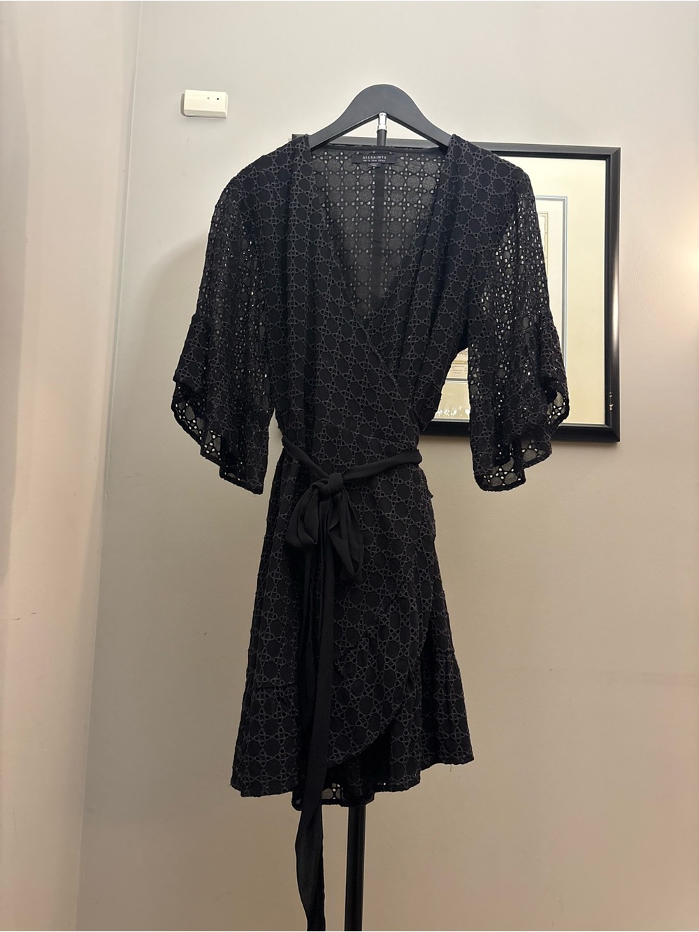 AllSaints Marlow Ette Black Eyelet Lace Wrap Mini Dress US 8 UK 12 - Picture 1 of 6